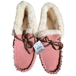 NWT J. Crew Leather Pink Moccasin Slippers With Brown Tie